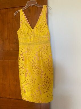 Maeve Yellow Lace Midi Dress with Pink Lining
